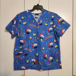 Large Sesame Street Cookie Monster Christmas Santa’s Cookies Medical Scrub Top